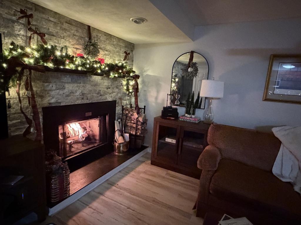 Cozy wood-burning fireplace at Three Ridges 405